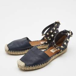 Valentino Navy Blue Leather Rockstud Ankle Strap Espadrilles Size 35