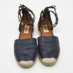 Valentino Navy Blue Leather Rockstud Ankle Strap Espadrilles Size 35