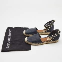 Valentino Navy Blue Leather Rockstud Ankle Strap Espadrilles Size 35