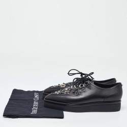 Valentino Black Leather Studded Lace Up Flat Sneakers Size 37.5