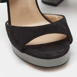 Pre Owned Valentino Black Suede Platform Block Heel Ankle Strap Sandals Size 36