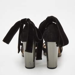 Pre Owned Valentino Black Suede Platform Block Heel Ankle Strap Sandals Size 36