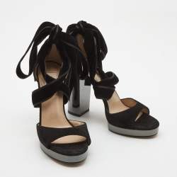 Pre Owned Valentino Black Suede Platform Block Heel Ankle Strap Sandals Size 36