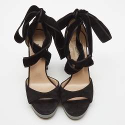 Pre Owned Valentino Black Suede Platform Block Heel Ankle Strap Sandals Size 36