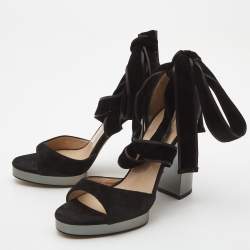 Pre Owned Valentino Black Suede Platform Block Heel Ankle Strap Sandals Size 36