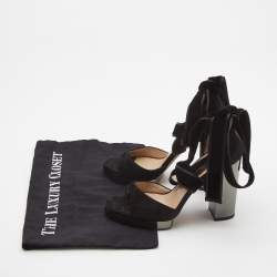 Pre Owned Valentino Black Suede Platform Block Heel Ankle Strap Sandals Size 36