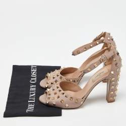 Pre Owned Valentino Pink Leather Rockstud Peep Toe Block Heel Ankle Strap Sandals Size 39