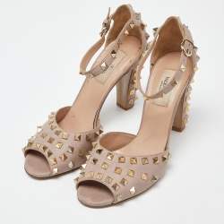 Pre Owned Valentino Pink Leather Rockstud Peep Toe Block Heel Ankle Strap Sandals Size 39