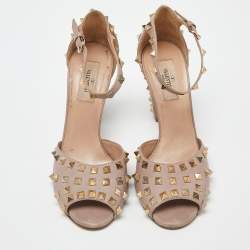Pre Owned Valentino Pink Leather Rockstud Peep Toe Block Heel Ankle Strap Sandals Size 39