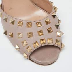 Pre Owned Valentino Pink Leather Rockstud Peep Toe Block Heel Ankle Strap Sandals Size 39