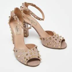 Pre Owned Valentino Pink Leather Rockstud Peep Toe Block Heel Ankle Strap Sandals Size 39