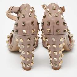 Pre Owned Valentino Pink Leather Rockstud Peep Toe Block Heel Ankle Strap Sandals Size 39