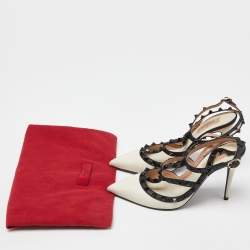 Pre Owned Valentino White/Black Leather Rockstud Strappy Pointed Toe Pumps Size 39