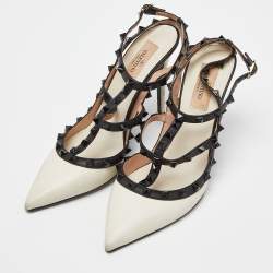 Pre Owned Valentino White/Black Leather Rockstud Strappy Pointed Toe Pumps Size 39
