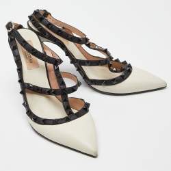 Pre Owned Valentino White/Black Leather Rockstud Strappy Pointed Toe Pumps Size 39