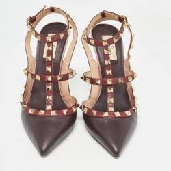 Pre Owned Valentino Burgundy Leather Rockstud Strappy Pointed Toe Pumps Size 41