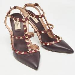 Pre Owned Valentino Burgundy Leather Rockstud Strappy Pointed Toe Pumps Size 41