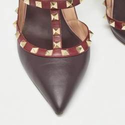Pre Owned Valentino Burgundy Leather Rockstud Strappy Pointed Toe Pumps Size 41