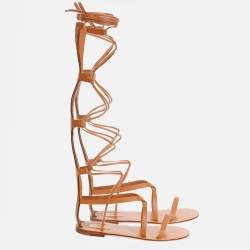 Valentino Brown Leather Rockstud Gladiator Flat Sandals Size 37.5