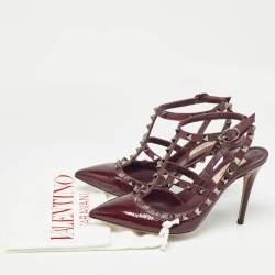 Pre Owned Valentino Burgundy Patent Leather Rockstud Ankle Strap Pumps Size 36.5