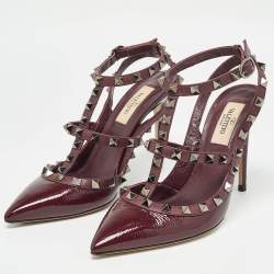 Pre Owned Valentino Burgundy Patent Leather Rockstud Ankle Strap Pumps Size 36.5