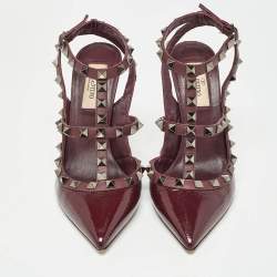 Pre Owned Valentino Burgundy Patent Leather Rockstud Ankle Strap Pumps Size 36.5