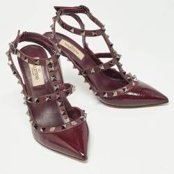 Pre Owned Valentino Burgundy Patent Leather Rockstud Ankle Strap Pumps Size 36.5
