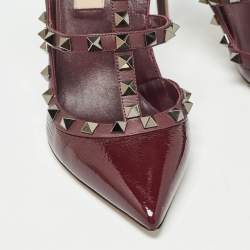 Pre Owned Valentino Burgundy Patent Leather Rockstud Ankle Strap Pumps Size 36.5