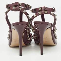 Pre Owned Valentino Burgundy Patent Leather Rockstud Ankle Strap Pumps Size 36.5