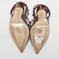 Pre Owned Valentino Burgundy Patent Leather Rockstud Ankle Strap Pumps Size 36.5