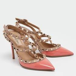 Pre Owned Valentino Pink Patent and Leather Rockstud Cage Pumps Size 36