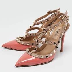 Pre Owned Valentino Pink Patent and Leather Rockstud Cage Pumps Size 36