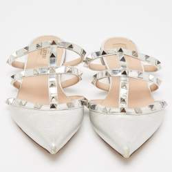 Pre Owned Valentino Silver Leather Rockstud Flat Mules Size 37