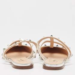 Pre Owned Valentino Silver Leather Rockstud Flat Mules Size 37