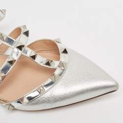 Pre Owned Valentino Silver Leather Rockstud Flat Mules Size 37
