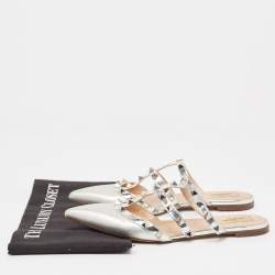 Pre Owned Valentino Silver Leather Rockstud Flat Mules Size 37