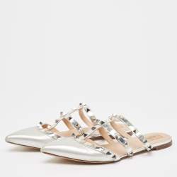 Pre Owned Valentino Silver Leather Rockstud Flat Mules Size 37