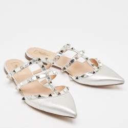 Pre Owned Valentino Silver Leather Rockstud Flat Mules Size 37