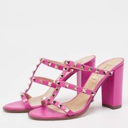 Pre Owned Valentino Pink Leather Rockstud Slide Sandals Size 38