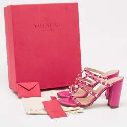 Pre Owned Valentino Pink Leather Rockstud Slide Sandals Size 38