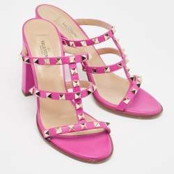 Pre Owned Valentino Pink Leather Rockstud Slide Sandals Size 38