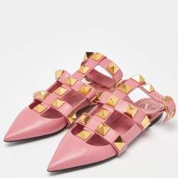 Valentino Pink Leather Roman Stud Ankle Cuff Flat Sandals Size 37