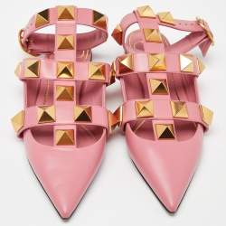 Valentino Pink Leather Roman Stud Ankle Cuff Flat Sandals Size 37