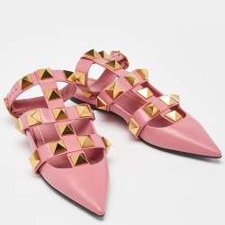 Valentino Pink Leather Roman Stud Ankle Cuff Flat Sandals Size 37