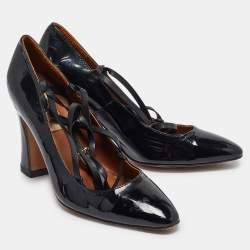 Pre Owned Valentino Black Patent Block Heel Pumps Size 37