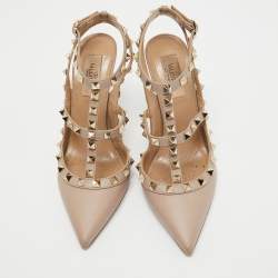 Pre Owned Valentino Beige Leather Rockstud Pumps Size 37.5