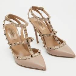 Pre Owned Valentino Beige Leather Rockstud Pumps Size 37.5