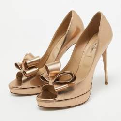 Valentino Metallic Leather Bow Open Toe Platform Pumps Size 39