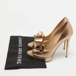 Valentino Metallic Leather Bow Open Toe Platform Pumps Size 39