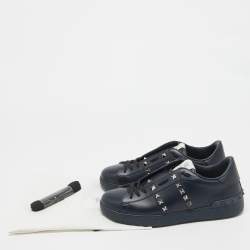 Valentino Navy Blue Leather Rockstud Low Top Sneakers Size 39